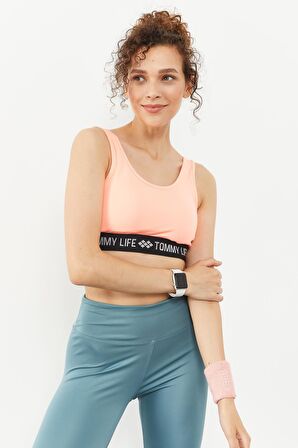 Tommy Life  Mercan Yazı Şeritli Standart Kalıp U Yaka Kadın Spor Büstiyer - 97113 | L