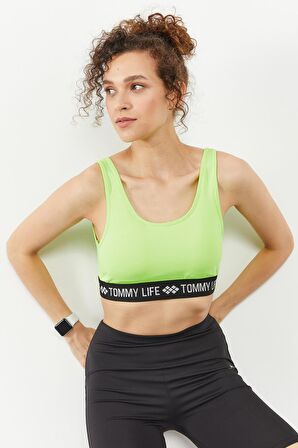 Tommy Life Neon Sarı Yazı Şeritli Standart Kalıp U Yaka Kadın Spor Büstiyer - 97113 | L