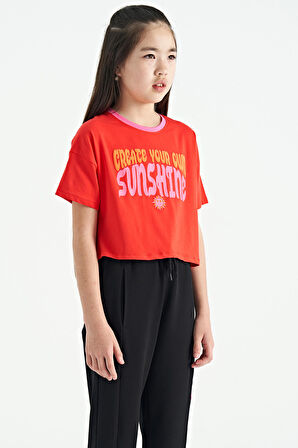 Fiesta Renkli Yazı Baskılı O Yaka Oversize  Kısa Kollu Kız Çocuk T-Shirt - 75111 | 14-15 Yaş