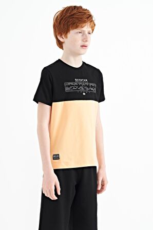 Kavun Içi Yazı Baskılı Renk Bloklu Standart Kalıp O Yaka Erkek Çocuk T-Shirt - 11134