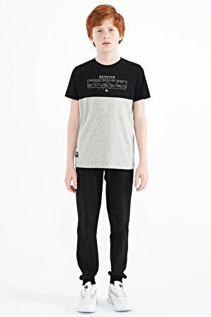 Gri Melanj Yazı Baskılı Renk Bloklu Standart Kalıp O Yaka Erkek Çocuk T-Shirt - 11134