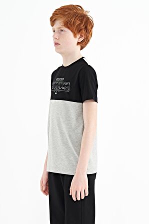Gri Melanj Yazı Baskılı Renk Bloklu Standart Kalıp O Yaka Erkek Çocuk T-Shirt - 11134