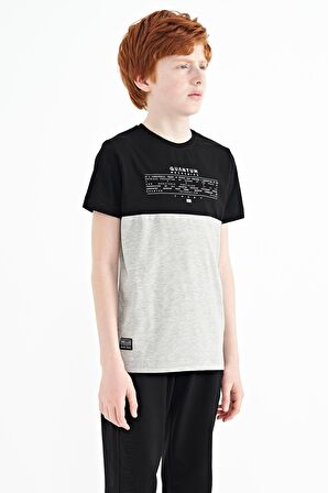 Gri Melanj Yazı Baskılı Renk Bloklu Standart Kalıp O Yaka Erkek Çocuk T-Shirt - 11134