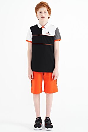 Siyah Renk Bloklu Nakış Yazı Detaylı Standart Kalıp Polo Yaka Erkek Çocuk T-Shirt - 11109 | 11-12 Yaş
