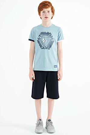 Açık Mavi Kol Ucu Renkli Detaylı Baskılı Standart Kalıp Erkek Çocuk T-Shirt - 11156 | 4-5 Yaş