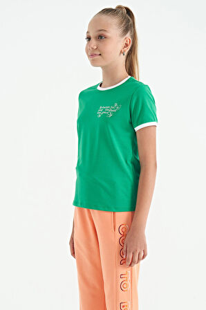 Yeşil Minimal Yazı Baskılı O Yaka Rahat Form Kısa Kollu Kız Çocuk T-Shirt - 75110 | 14-15 Yaş