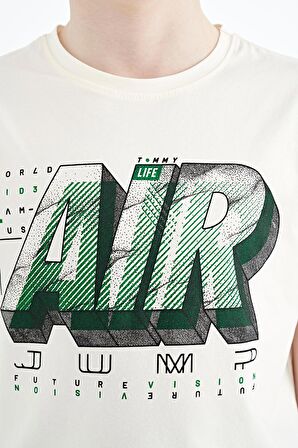 Ekru Yazı Baskılı Standart Kalıp O Yaka Erkek Çocuk T-Shirt - 11098 | 4-5 Yaş
