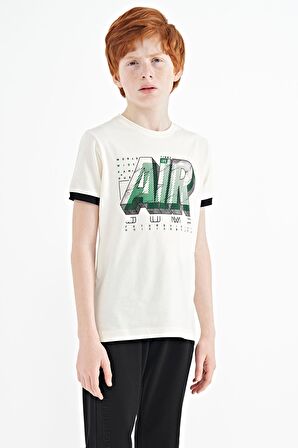 Ekru Yazı Baskılı Standart Kalıp O Yaka Erkek Çocuk T-Shirt - 11098 | 4-5 Yaş