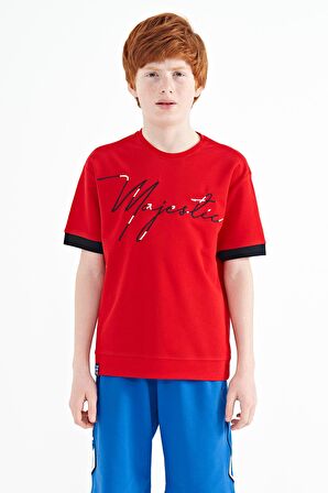 Kırmızı Ön Yazı Nakışlı O Yaka Oversize Erkek Çocuk T-Shirt - 11147 | 11-12 Yaş