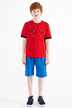 Kırmızı Ön Yazı Nakışlı O Yaka Oversize Erkek Çocuk T-Shirt - 11147 | 11-12 Yaş