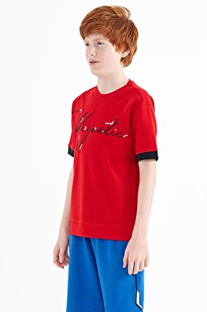 Kırmızı Ön Yazı Nakışlı O Yaka Oversize Erkek Çocuk T-Shirt - 11147 | 11-12 Yaş