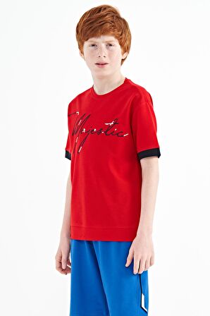 Kırmızı Ön Yazı Nakışlı O Yaka Oversize Erkek Çocuk T-Shirt - 11147 | 11-12 Yaş