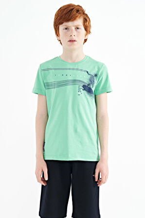 Su Yeşili Baskı Detaylı Standart Kalıp O Yaka Erkek Çocuk T-Shirt - 11133 | 9-10 Yaş