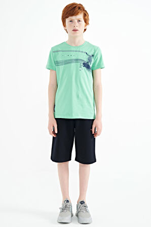 Su Yeşili Baskı Detaylı Standart Kalıp O Yaka Erkek Çocuk T-Shirt - 11133 | 9-10 Yaş