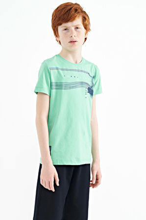 Su Yeşili Baskı Detaylı Standart Kalıp O Yaka Erkek Çocuk T-Shirt - 11133 | 9-10 Yaş