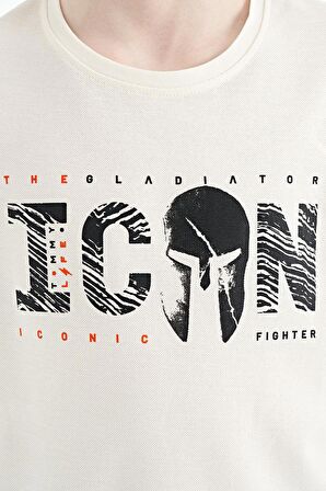 Ekru Ön Yazı Nakışlı O Yaka Standart Kalıp Erkek  Çocuk T-Shirt - 11118 | 5-6 Yaş