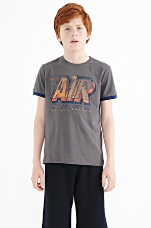Koyu Gri Yazı Baskılı Standart Kalıp O Yaka Erkek Çocuk T-Shirt - 11098 | 3-4 Yaş