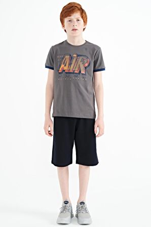 Koyu Gri Yazı Baskılı Standart Kalıp O Yaka Erkek Çocuk T-Shirt - 11098 | 3-4 Yaş