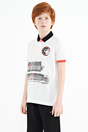 Beyaz Baskı Detaylı Polo Yaka Standart Kalıp Erkek Çocuk T-Shirt - 11094 | 12-13 Yaş