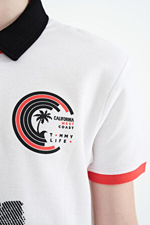 Beyaz Baskı Detaylı Polo Yaka Standart Kalıp Erkek Çocuk T-Shirt - 11094 | 12-13 Yaş