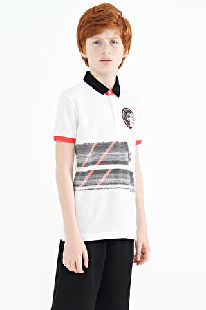 Beyaz Baskı Detaylı Polo Yaka Standart Kalıp Erkek Çocuk T-Shirt - 11094 | 12-13 Yaş