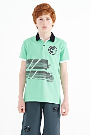 Su Yeşili Baskı Detaylı Polo Yaka Standart Kalıp Erkek Çocuk T-Shirt - 11094 | 5-6 Yaş