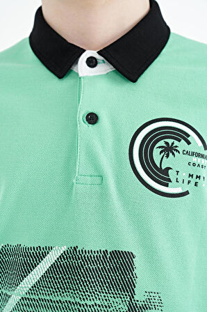 Su Yeşili Baskı Detaylı Polo Yaka Standart Kalıp Erkek Çocuk T-Shirt - 11094 | 5-6 Yaş