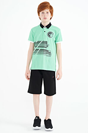 Su Yeşili Baskı Detaylı Polo Yaka Standart Kalıp Erkek Çocuk T-Shirt - 11094 | 5-6 Yaş
