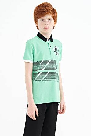 Su Yeşili Baskı Detaylı Polo Yaka Standart Kalıp Erkek Çocuk T-Shirt - 11094 | 5-6 Yaş
