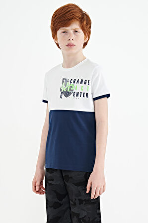 Beyaz Baskı Detaylı Renk Bloklu Standart Kalıp O Yaka Erkek Çocuk T-Shirt - 11107