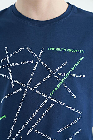 İndigo Minimal Yazı Baskılı Standart Kalıp O Yaka Erkek Çocuk T-Shirt - 11132
