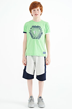 Neon Yeşil Kol Ucu Renkli Detaylı Baskılı Standart Kalıp Erkek Çocuk T-Shirt - 11156 | 13-14 Yaş