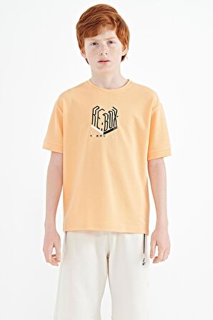 Kavun Içi Yazı Nakışlı O Yaka Oversize Erkek Çocuk T-Shirt - 11151