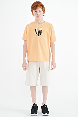 Kavun Içi Yazı Nakışlı O Yaka Oversize Erkek Çocuk T-Shirt - 11151