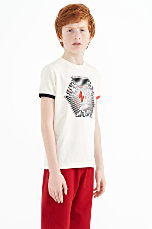 Ekru Kol Ucu Renkli Detaylı Baskılı Standart Kalıp Erkek Çocuk T-Shirt - 11156 | 14-15 Yaş