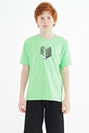 Neon Yeşil Yazı Nakışlı O Yaka Oversize Erkek Çocuk T-Shirt - 11151 | 12-13 Yaş
