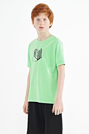 Neon Yeşil Yazı Nakışlı O Yaka Oversize Erkek Çocuk T-Shirt - 11151 | 12-13 Yaş