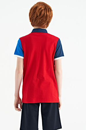 Kırmızı Renk Bloklu Nakış Yazı Detaylı Standart Kalıp Polo Yaka Erkek Çocuk T-Shirt - 11109 | 11-12 Yaş