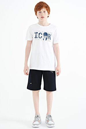 Beyaz Ön Yazı Nakışlı O Yaka Standart Kalıp Erkek  Çocuk T-Shirt - 11118 | 8-9 Yaş