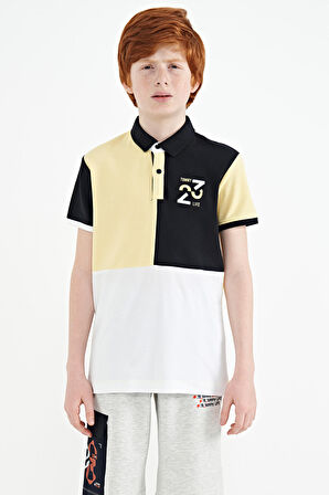 Sarı Renk Bloklu Nakış Detaylı Standart Kalıp Polo Yaka Erkek Çocuk T-Shirt - 11108