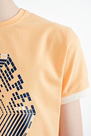 Kavun Içi Kol Ucu Renkli Detaylı Baskılı Standart Kalıp Erkek Çocuk T-Shirt - 11156