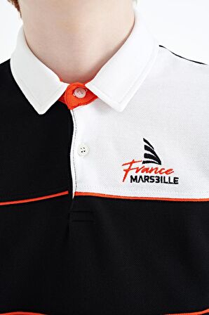 Siyah Renk Bloklu Nakış Yazı Detaylı Standart Kalıp Polo Yaka Erkek Çocuk T-Shirt - 11109 | 8-9 Yaş