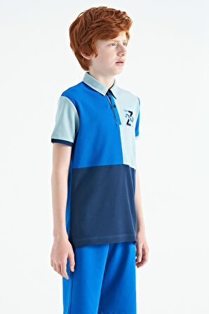 Saks Renk Bloklu Nakış Detaylı Standart Kalıp Polo Yaka Erkek Çocuk T-Shirt - 11108 | 9-10 Yaş