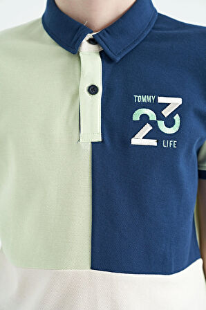 Açık Yeşil Renk Bloklu Nakış Detaylı Standart Kalıp Polo Yaka Erkek Çocuk T-Shirt - 11108