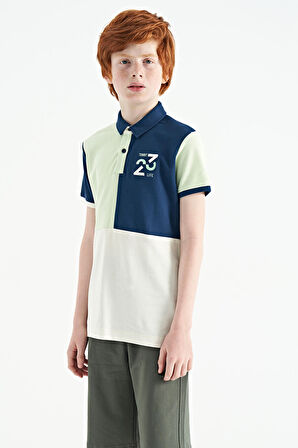 Açık Yeşil Renk Bloklu Nakış Detaylı Standart Kalıp Polo Yaka Erkek Çocuk T-Shirt - 11108