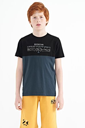 Orman Yeşili Yazı Baskılı Renk Bloklu Standart Kalıp O Yaka Erkek Çocuk T-Shirt - 11134 | 7-8 Yaş