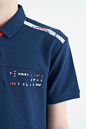 İndigo Baskı Detaylı Standart Kalıp Polo Yaka Erkek Çocuk T-Shirt - 11140