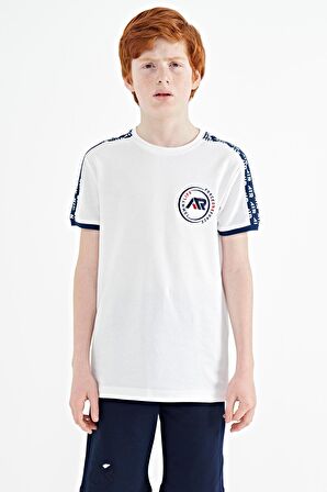 Beyaz Omuz Baskı Detaylı Standart Kalıp O Yaka Erkek Çocuk T-Shirt - 11121 | 12-13 Yaş