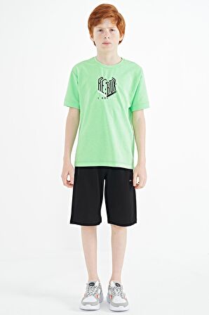 Neon Yeşil Yazı Nakışlı O Yaka Oversize Erkek Çocuk T-Shirt - 11151 | 14-15 Yaş