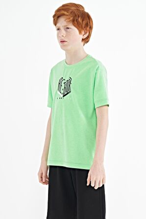 Neon Yeşil Yazı Nakışlı O Yaka Oversize Erkek Çocuk T-Shirt - 11151 | 14-15 Yaş